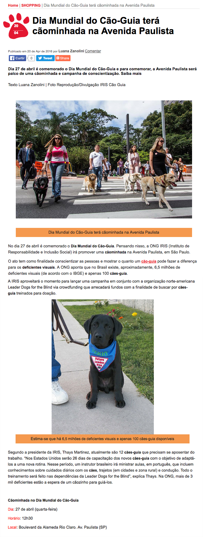 Imagem 2016 - Dia mundial do cão-guia terá caminhada na Av. Paulista