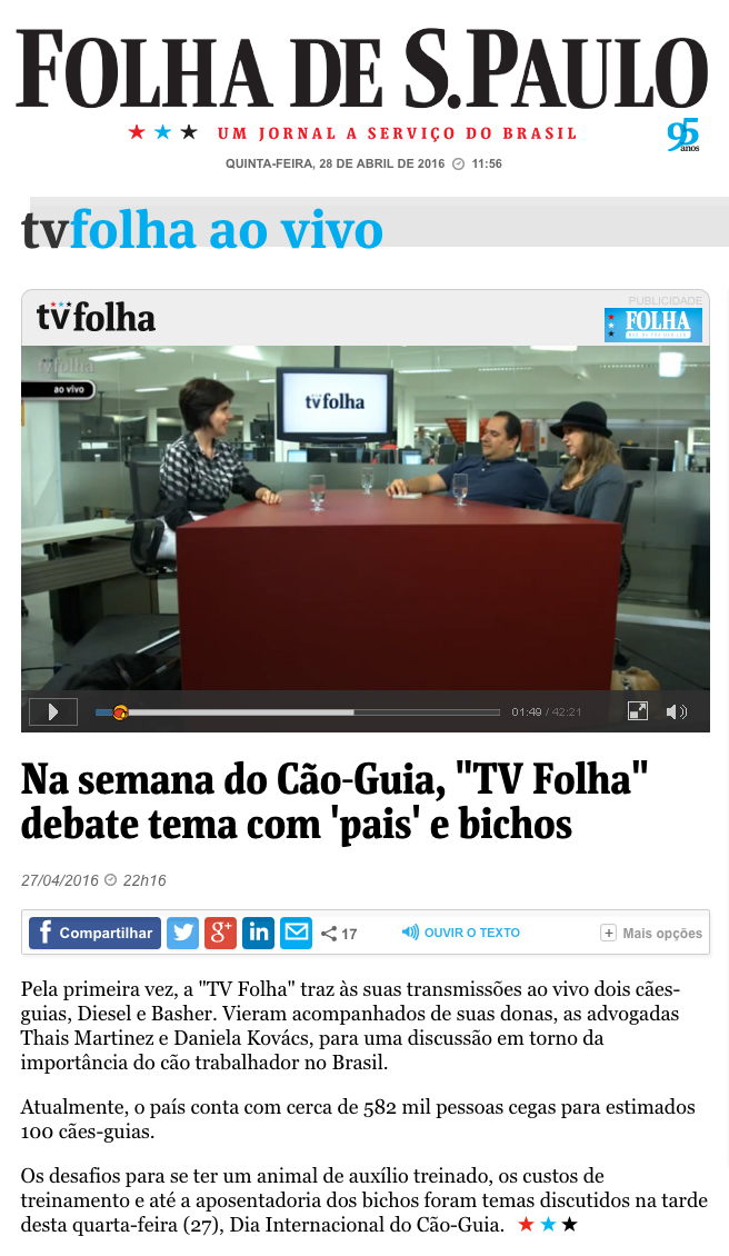 Imagem 2016 - Semana do Cão-Guia - TV Folha debate tema